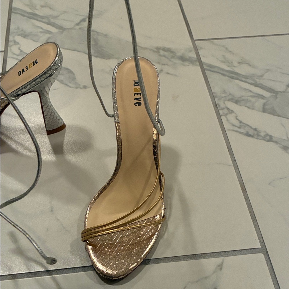 Maeve Silver and Gold Heeled Tie Up Sandals - Picture 2 of 8